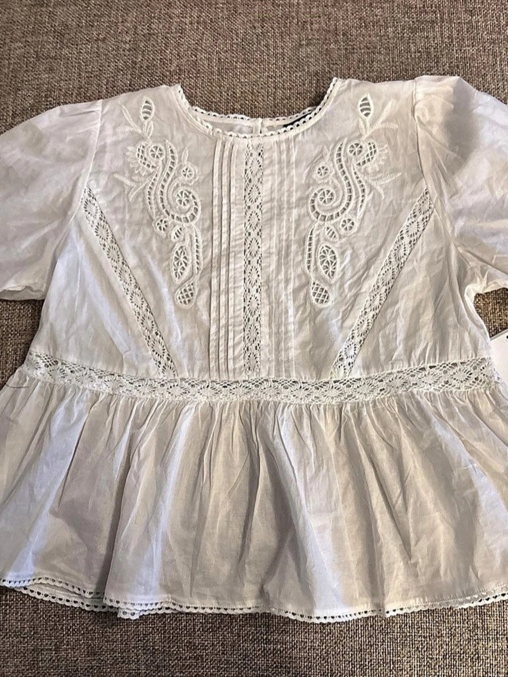Calligraphie White Embroidered Lace Eyelet Peplum Blouse, Size Small
